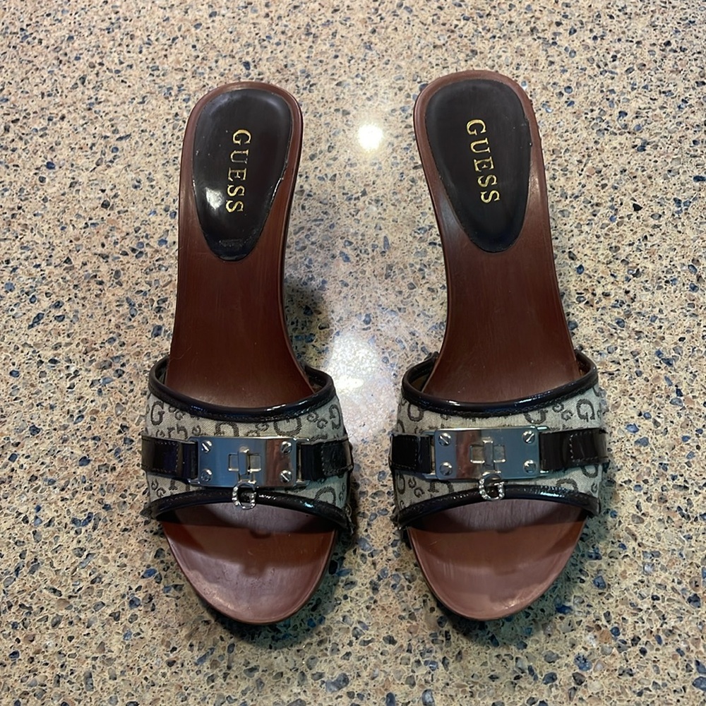 Gently Used Guess Heels. Brown with Logo Pattern and Charms.